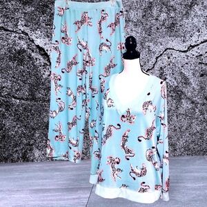 Kate Spade New York Womens XL Blue Leopard Print Pajama Set V-Neck Top Pants